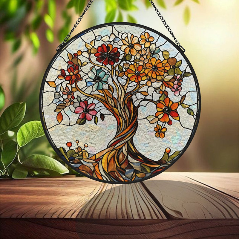 Vitrail arbre de vie vitrail pour fenêtre, 3,5 x 3,5 po (9 x 9 cm)