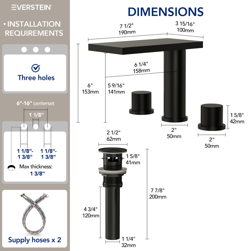 3-Hole Widespread Bathroom Faucet, 2-Handle Sink Faucet with Drain Assembly, Matte Black