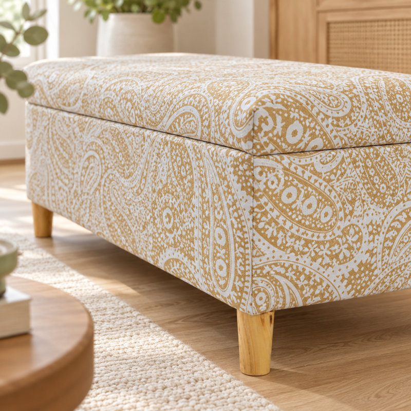 Banc de rangement rembourré en lin 35,5 po Paisley, Mélange de lin, Kaki