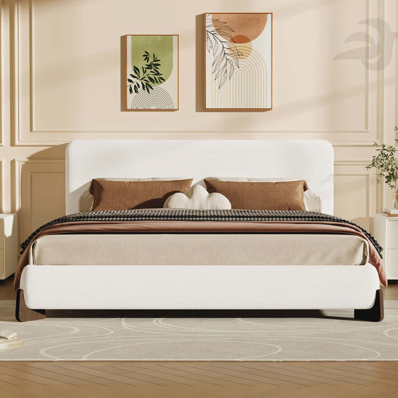 Elegant terry upholstered bed with dark brown solid wood legs, luxurious and comfortable bedroom centerpiece, king size, white