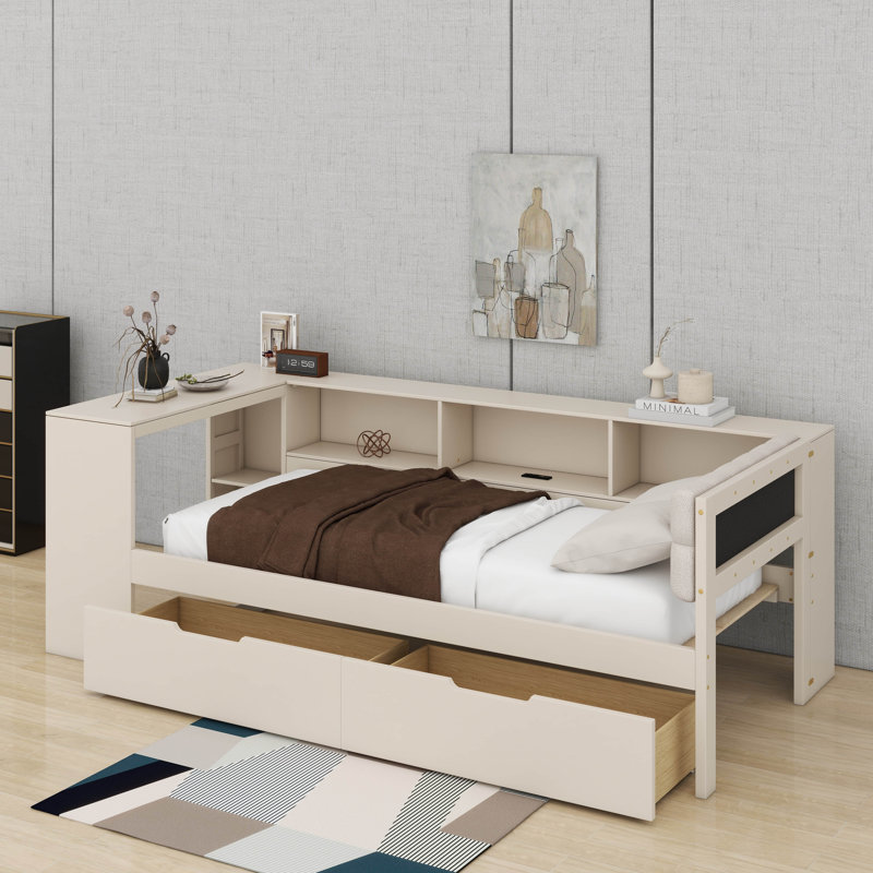 Lit plateforme simple avec tablettes, tiroirs et tête de lit tapissier, Lit simple, Crème, crème