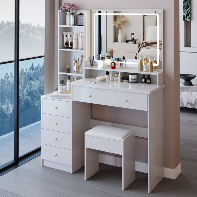 41" Vanity Table With LED Mirror And Storage For Large Space, White