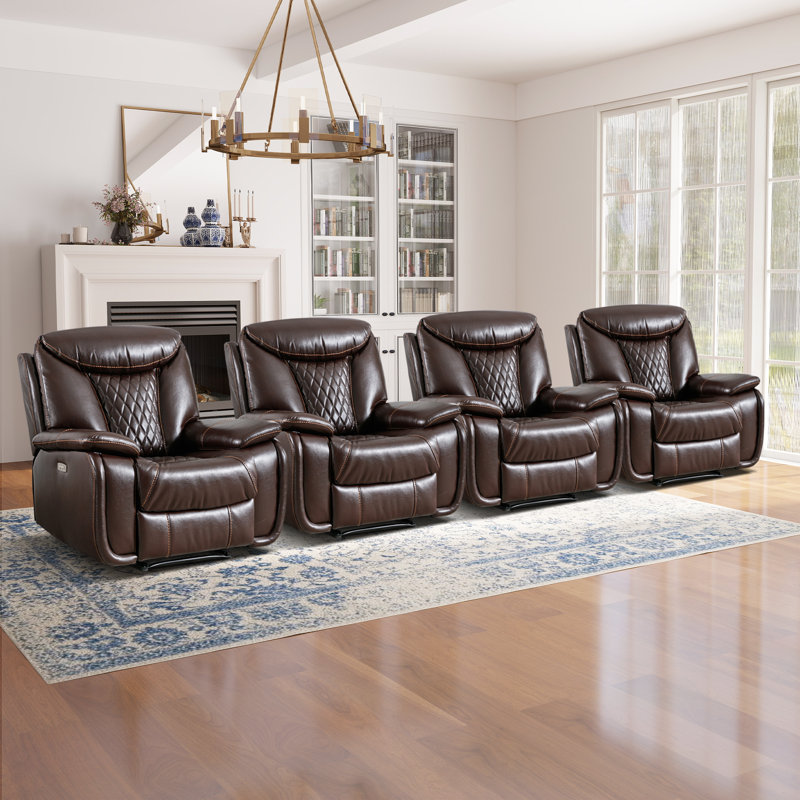 Fauteuil de cinéma inclinable moderne 40,6 po avec bouton d'alimentation et port USB (ensemble de 4), Similicuir brun