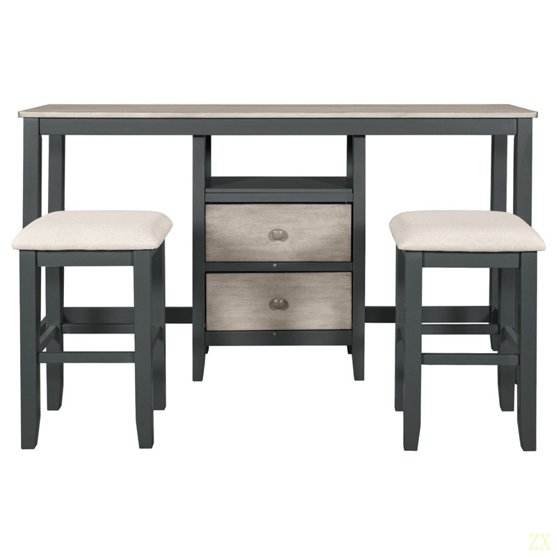 Ensemble de table de salle à manger à hauteur de comptoir en bois 3 pièces avec armoire, 2 tiroirs de rangement et 2 tabourets Farmhouse Rustic