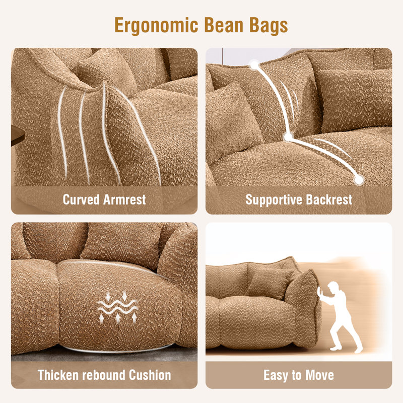 Compressed Sofa, Two-Seat Bean Bag Sofa With Pillows And Armrests For Bedroom Living Room, Coffee Brown Fabric