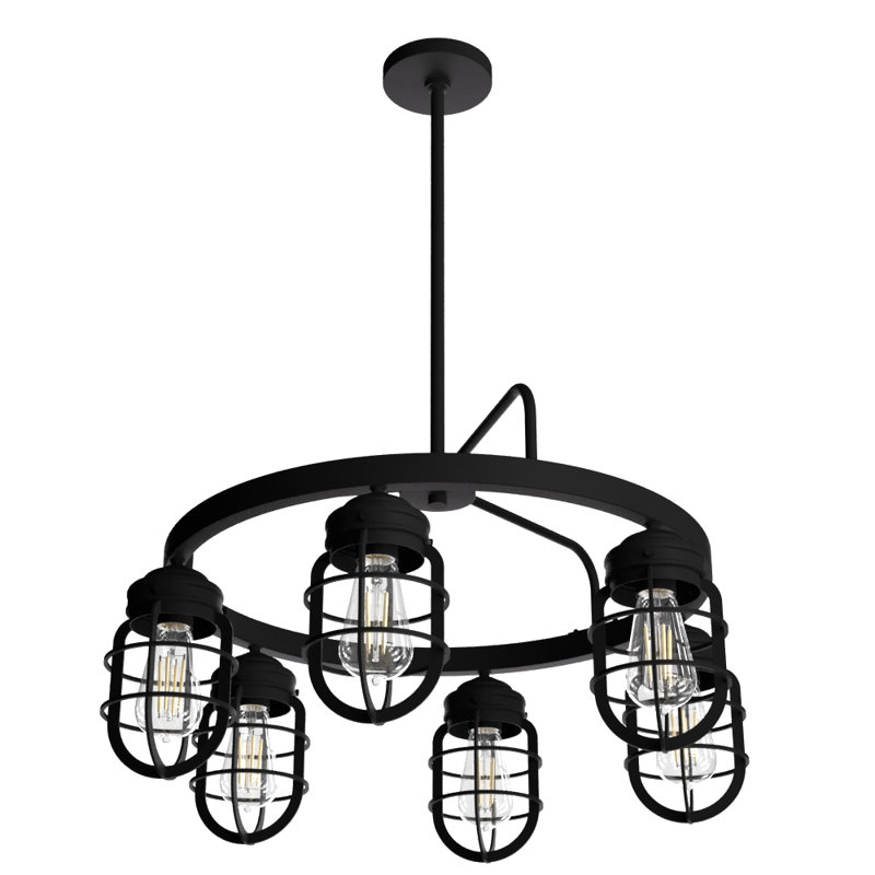Black Industrial Cage 6-Light Wagon Wheel Chandelier