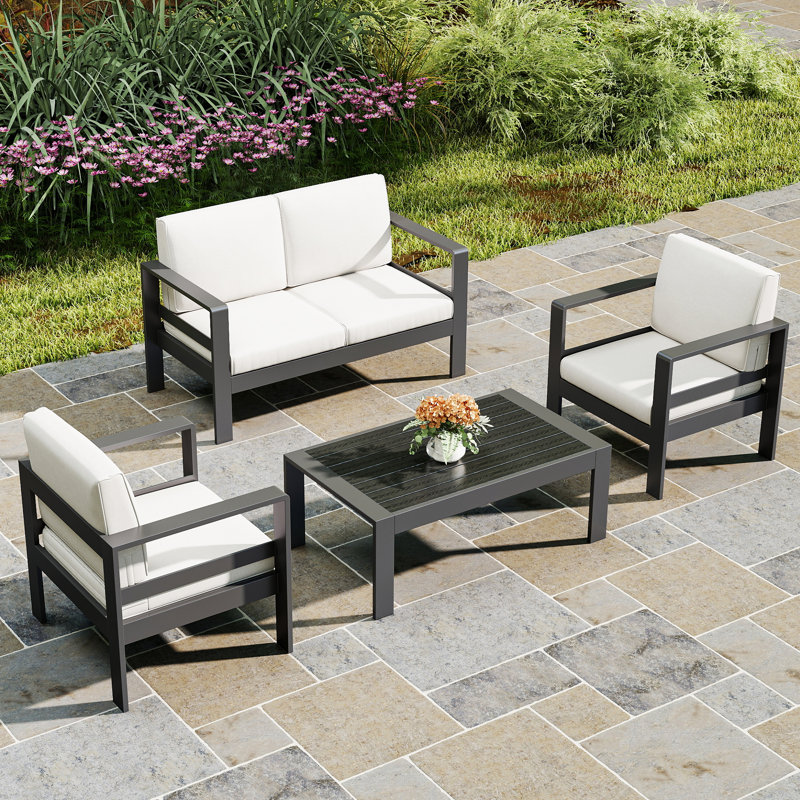 Ensemble de conversation avec canapé pour 4 personnes avec coussins, Gris clair, Gris foncé