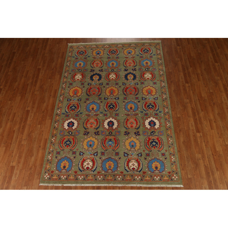 Tapis unique en laine noué à la main 6 pi 8 po x 9 pi 8 po nouvel âge en vert / rouge / bleu