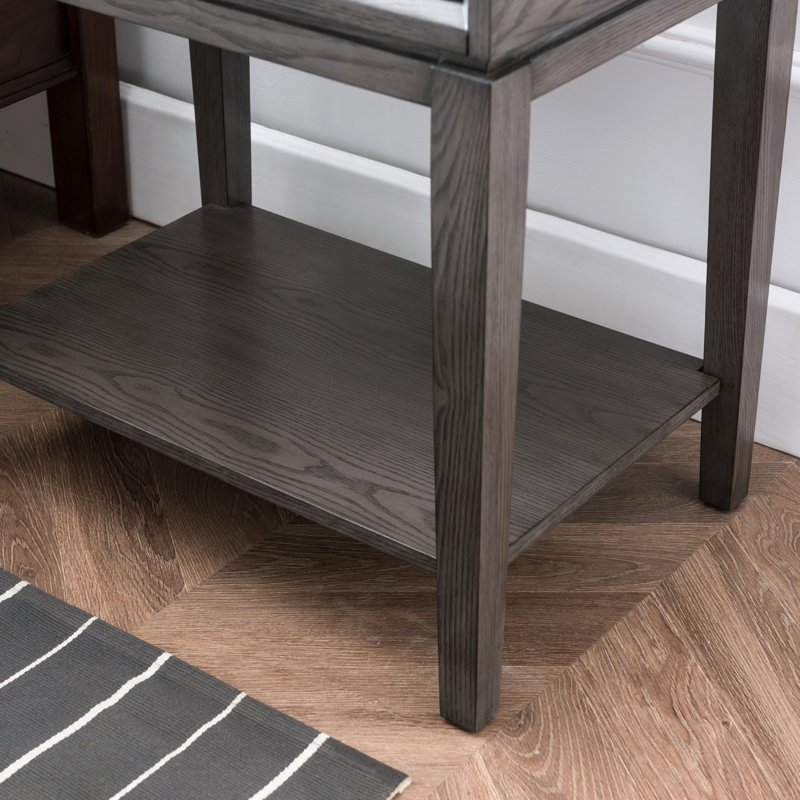 Solid Oak Wood Recessed Design Side Table with AC/USB in Smoke Gray