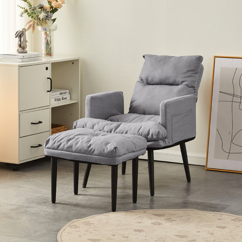 Nykeba Upholstered Accent Chair with Footstool, Light Grey