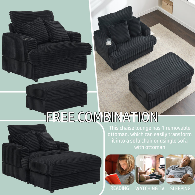 39" Wide Corduroy Upholstered Chaise Lounge Chair Accent Chair with Cup Holder for Living Room, Bedroom, Office, Black