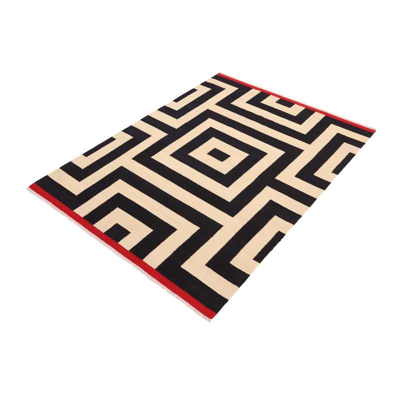 Tapis géométrique beige / noir / rouge en laine noué à la main 5 pi 10 po x 7 pi 11 po Stumbaugh