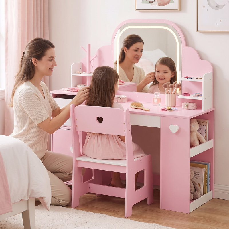 Ensemble de coiffeuse et de chaises pour enfants avec miroir à DEL 3 couleurs, bibliothèque, tiroir et armoire de rangement