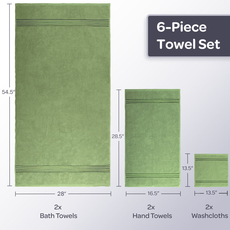 Lavish Home 6 Piece Bathroom Towels Set - 625GSM 100% Cotton Bathroom Essentials with 2 Absorbent Wash Cloths, 2 Hand Cloths, and 2 Bath Towel for Shower, Gym, Dorm and Spa (Green)