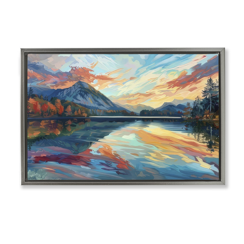  Toile abstraite tourbillonnant de lac et de montagne par LSR Design Studio, H 21 po x l 31 po, Cadre flottant gris lustré