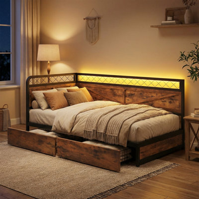 Industrial Corner Daybed With LED Lights & Storage Drawer - Twin Size, 900Lb Capacity