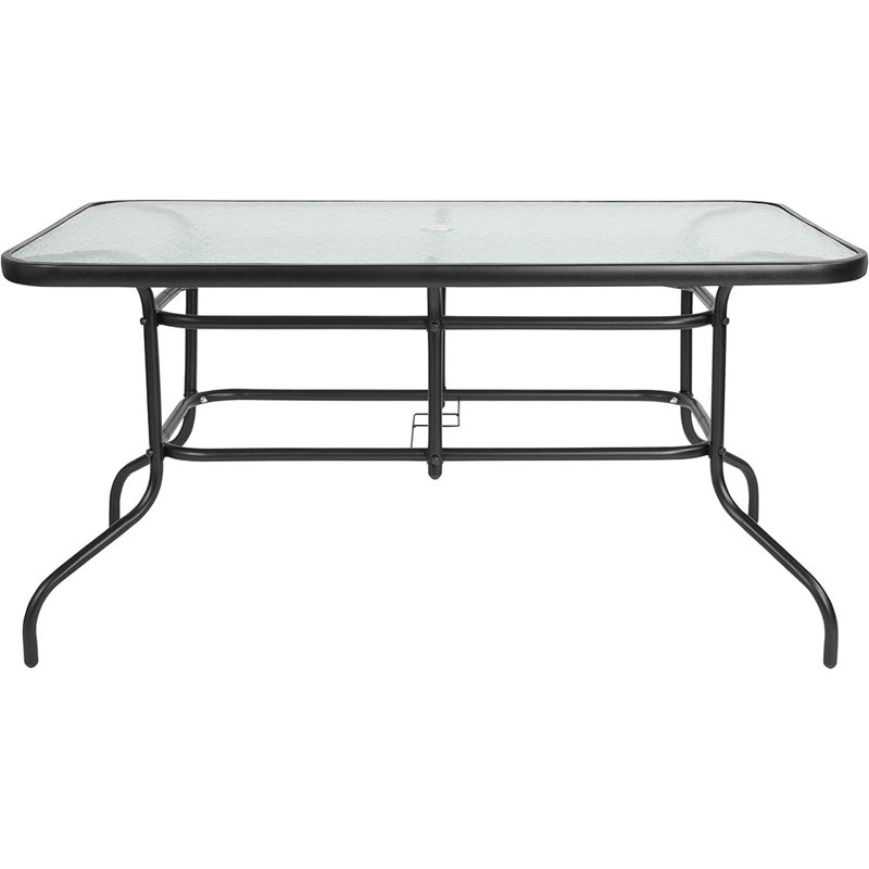 Ensemble de salle à manger 5 pièces pour patio - table de patio en verre trempé de 55 po avec trou pour parasol - 4 chaises empilables lattes en aluminium noir
