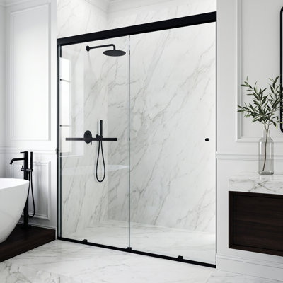 Satro 56 to 60 in W x 74 in H Double-Sliding Framed Door in Matte Black with Clear Glass