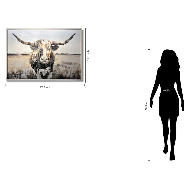 Art mural en aluminium Western Longhorn Mixed Media - 32 po x 47 po - cadre argenté