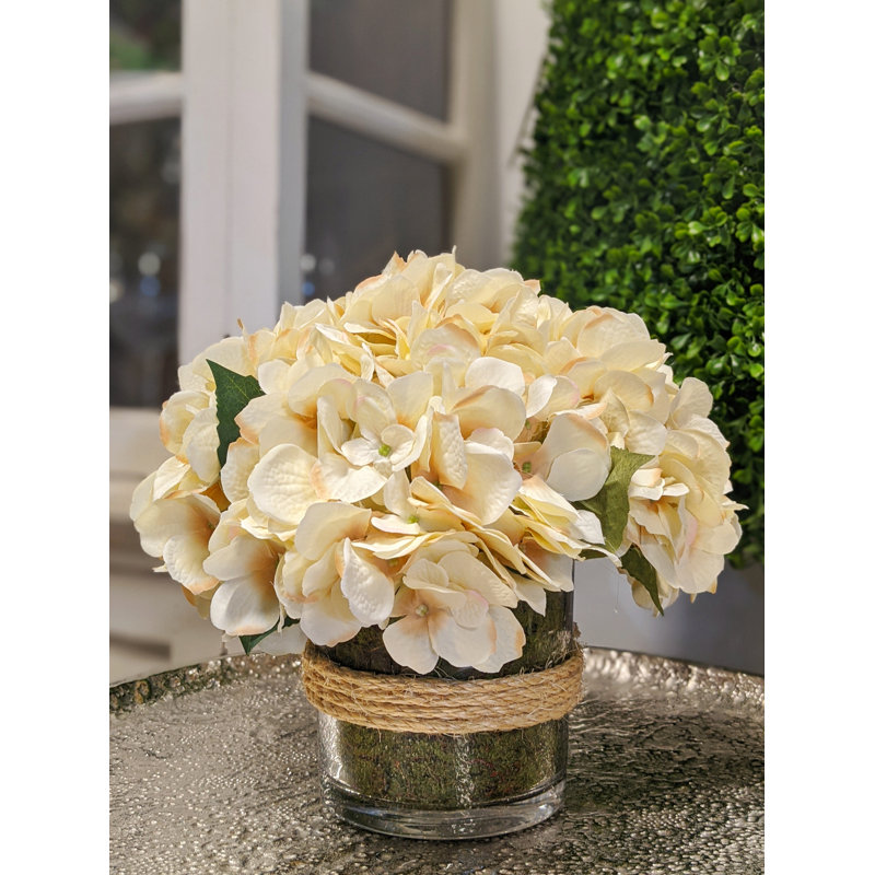 Cream Hydrangea in Rope Glass Vase, Beige