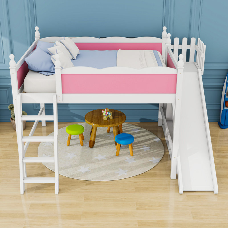 Wood Loft Bed With Storage Shelves And Slide, Queen, Pink/White