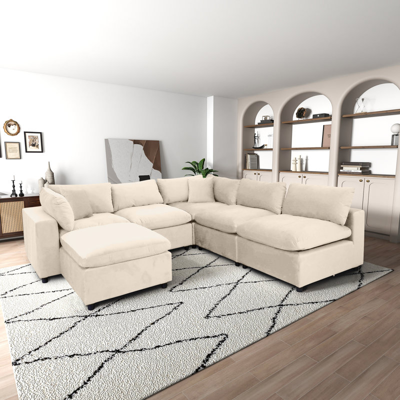 Mississippi 6 - Piece Velvet Upholstered Modular Sectional Sofa, Ivory Velvet