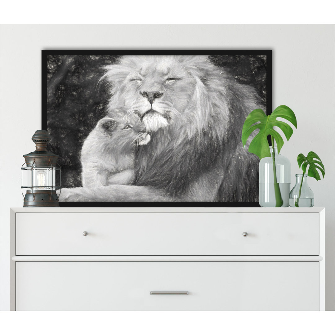 Gerahmtes Poster Lion Father Nuzzling Cub