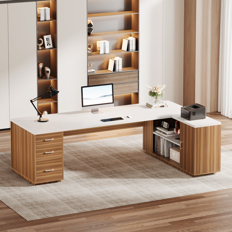 85.8-Inch L-Shaped Executive Desk, White/Brown