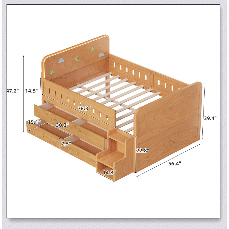 Wooden Bed With LED Light, Storage Drawers,, Wood