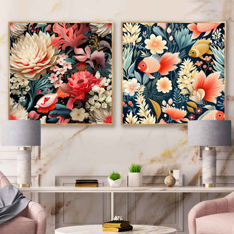 Roseau - Ensemble de 2 collages floraux carrés, Cadre flottant doré, H 30 po x l 61 po