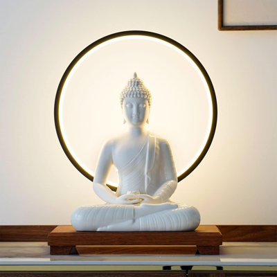 Statue de Bouddha blanc serein 12 po avec lampe de table circulaire DEL - Méditation en céramique d'intérieur