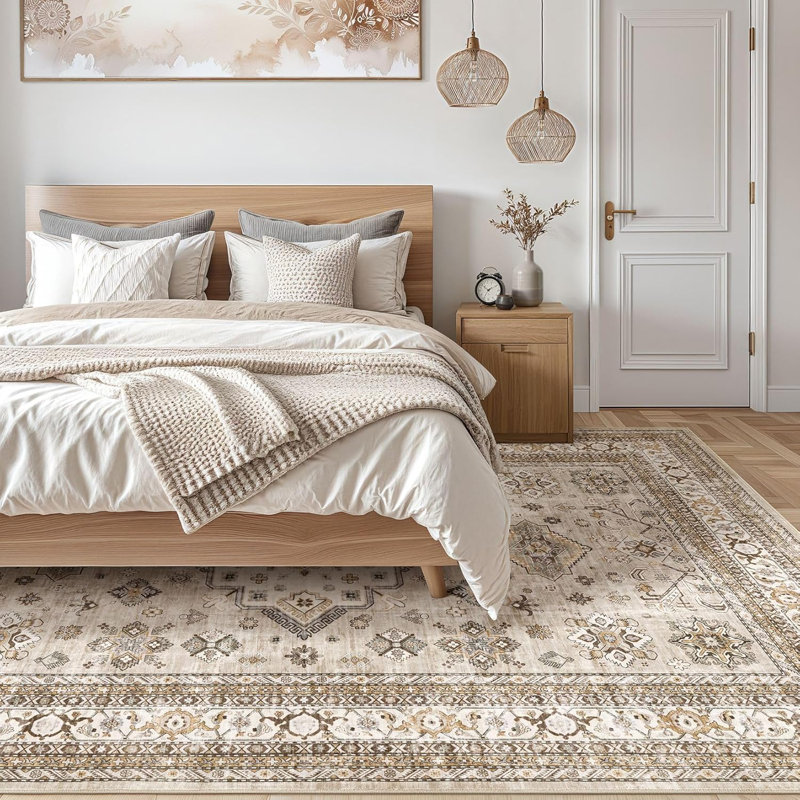 Grand tapis de ferme oriental traditionnel délavé doux et lavable