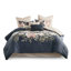 Couette 8 pièces en coton, taille King, bleu marine, motif floral, unie, taille vapeur, détails brodés, lavable à la machine