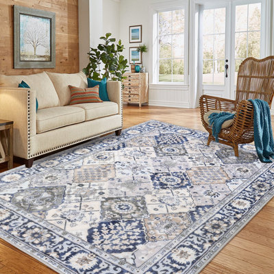Tapis traditionnel en patchwork traditionnel - Tapis antidérapant lavable bleu marine et beige pour le salon, la chambre à coucher, la salle à manger