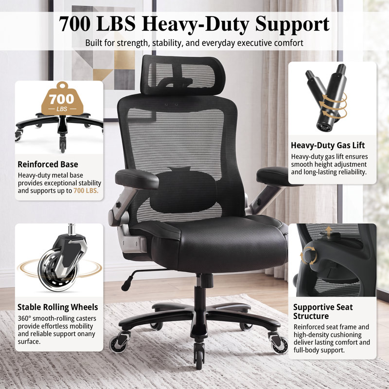 Big and Tall Executive Office Chair, 700 lbs Heavy Duty Mesh Desk Chair with Dynamic Lumbar Support, Adjustable Headrest, 3D Flip-Up Armrests, Thick Leather Seat, Swivel Rolling High Back Computer Chair for Home Office