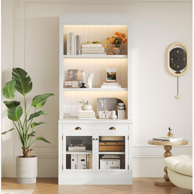 Bibliothèque de 83,4 po de hauteur avec éclairage DEL, bibliothèque moderne avec 2 portes en verre et 1 tiroir, bibliothèque de rangement avec tablettes ouvertes pour le salon, le bureau personnel, blanc