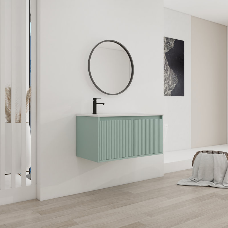 Armoire de salle de bain murale 36 pouces avec lavabo en résine en forme de goutte et portes à fermeture en douceur