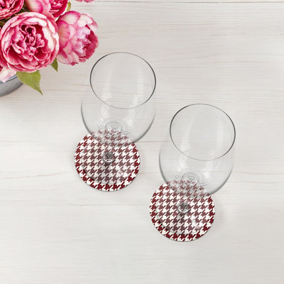 Houndstooth Red White Vegan Leather Round Coasters