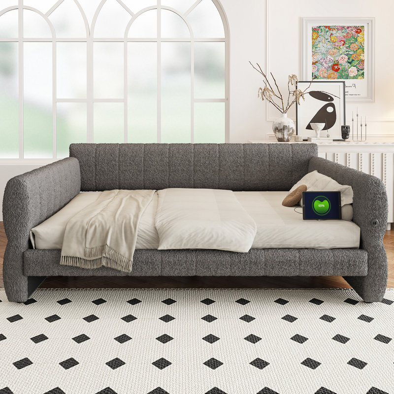 Très grand lit plateforme tapissier avec port USB, gris, Gris