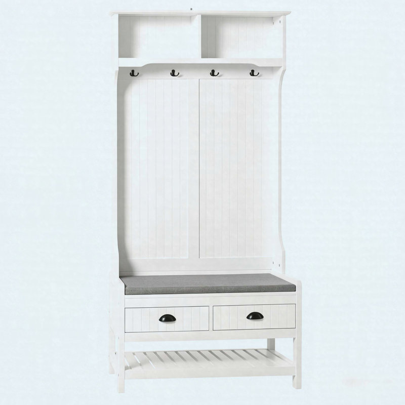 Multifunctional Entryway Hall Tree with Padded Bench, Coat Rack, Drawers and Shoe Storage Shelves
