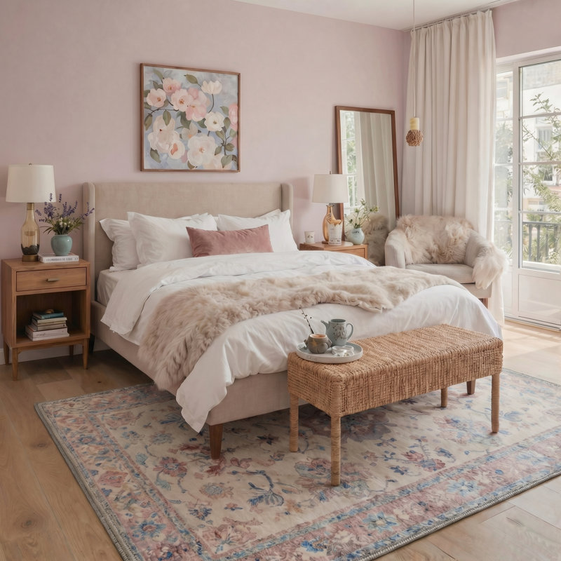 Allsop Vintage Floral Machine Washable Blush Rose / Beige Indoor Area Rug With Non-Slip Backing, Rectangle 9' x 12'
