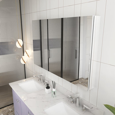 Surface Mount Frameless Aluminum Medicine Cabinet ?With Triple-Hinged Doors?, Copper-Free Mirror And Glass Shelves?