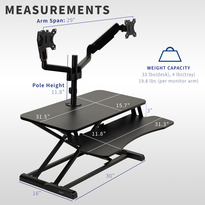 Black Adjustable Standing Desk Converter with Dual Monitor Mount