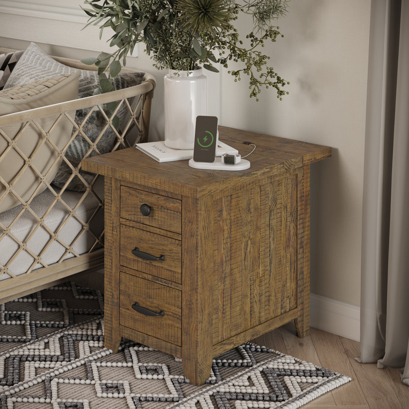 Braden Solid Wood Top 3 - Drawer End Table and Built-In Outlets, Gold