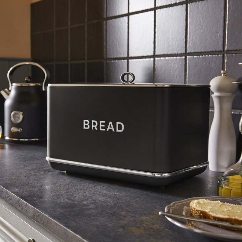 Tower Renaissance Bread Bin, 16L Capacity, Simple Pull Lid and Set of 3 Storage Canisters for Coffee/Sugar/Tea, 1.5L, Black