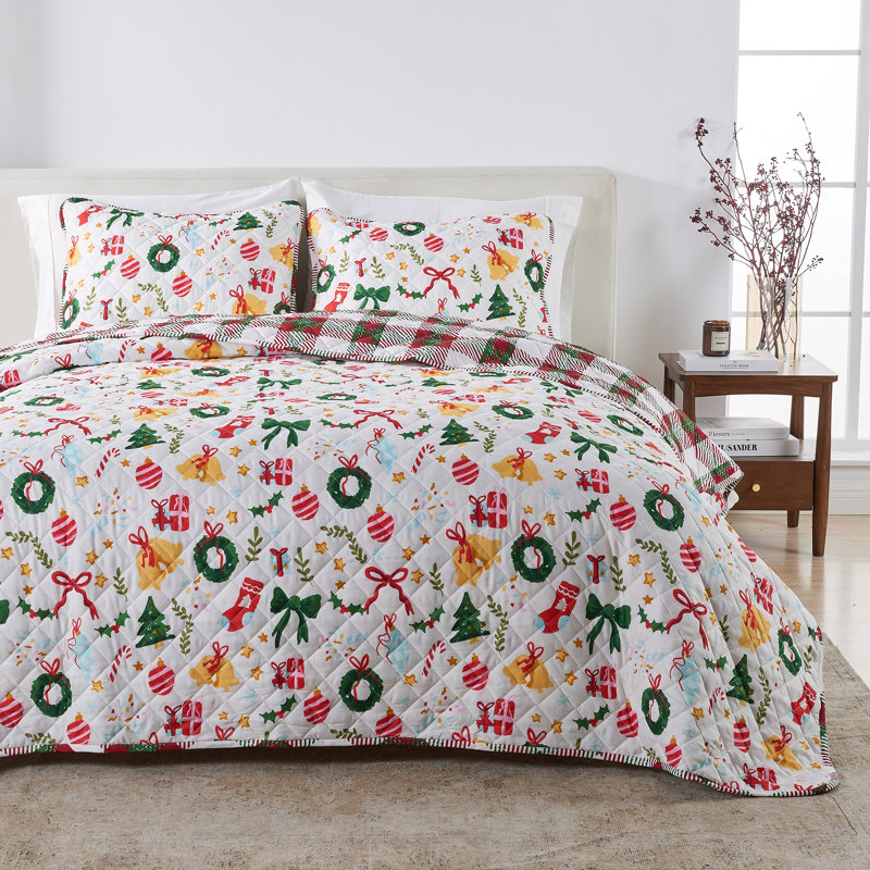 Vibrant & Cheerful Christmas Quilt Set, California King Quilt  + 2 King Shams, Celebration