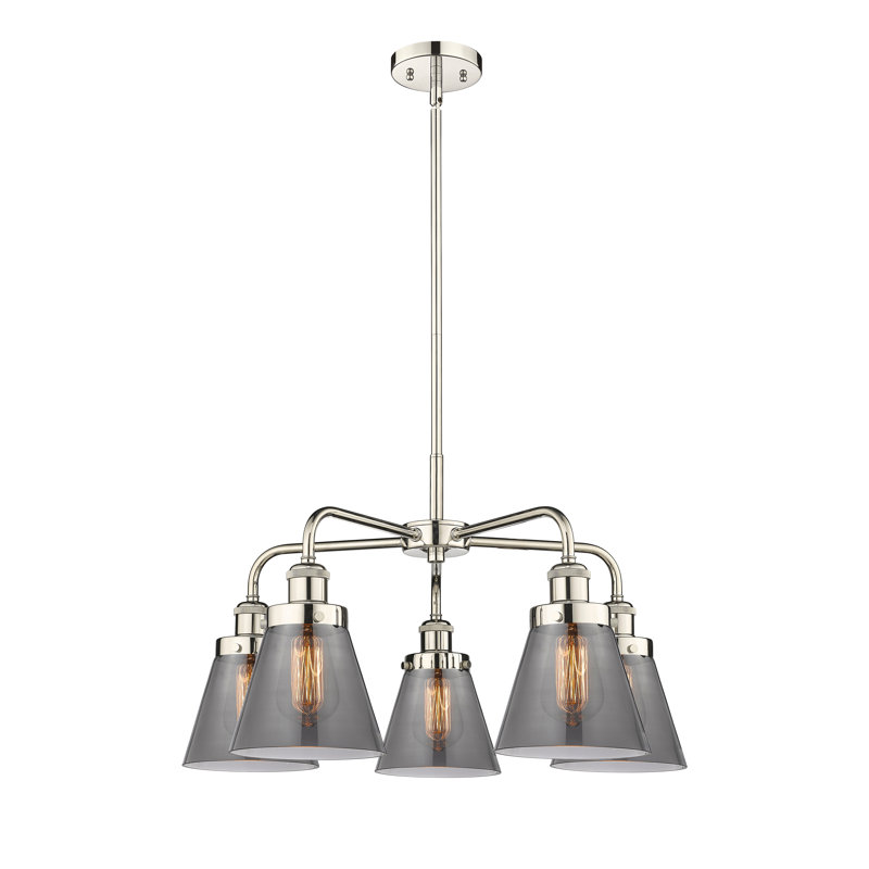 Cone 5 Light Stem Hung Chandelier, Plated Smoke, Polished Nickel