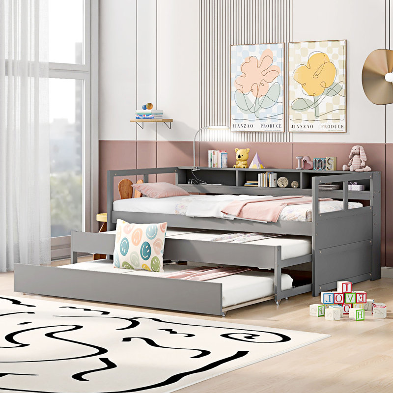 Azden Daybed Twin XL Wood Daybed with 2 Trundles, 3 Storage Cubbies, 1 Light for Free and USB Charging Design, Gray