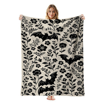 Couverture polaire en flanelle JYK Halloween pour lit simple, légère, respirante, douce et chaude en microfibre pelucheuse, 152 x 203 cm, motif chauve-souris et fleurs