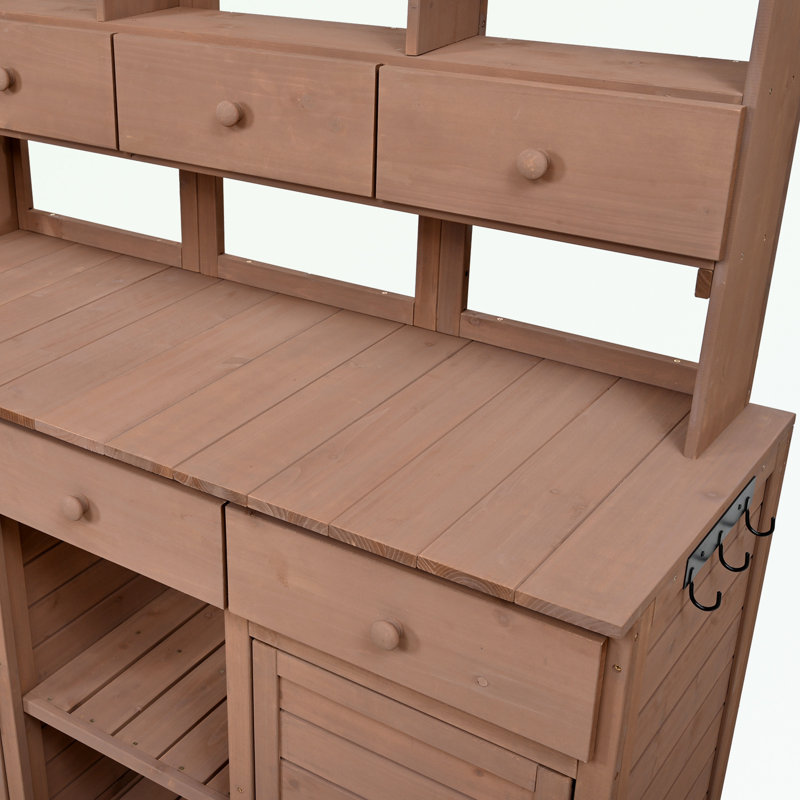 Table de rempotage avec huche, 3 tablettes, 6 tiroirs, 2 armoires inférieures et crochets latéraux, Brun